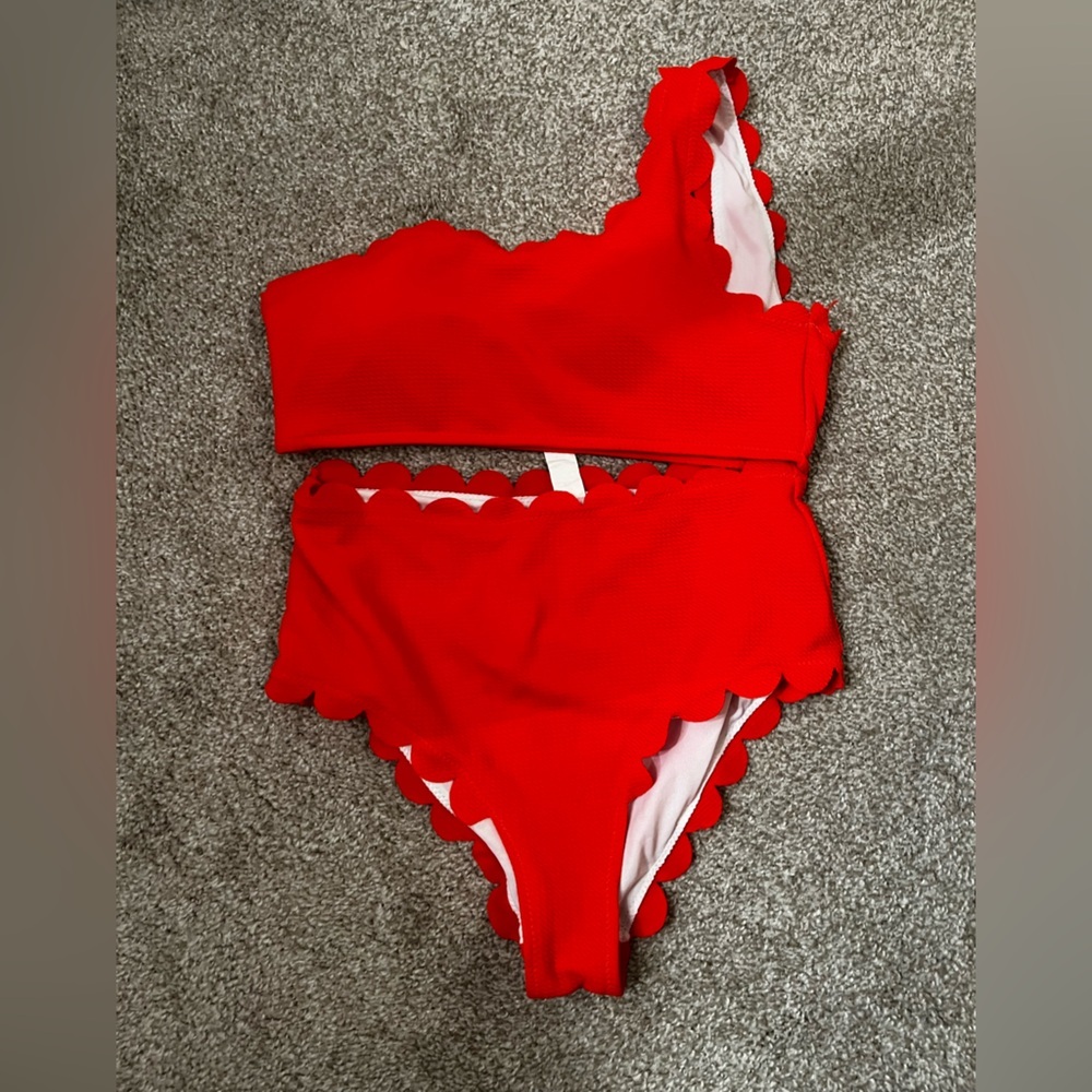 Red Scalloped One-Shoulder High Waist Bikini